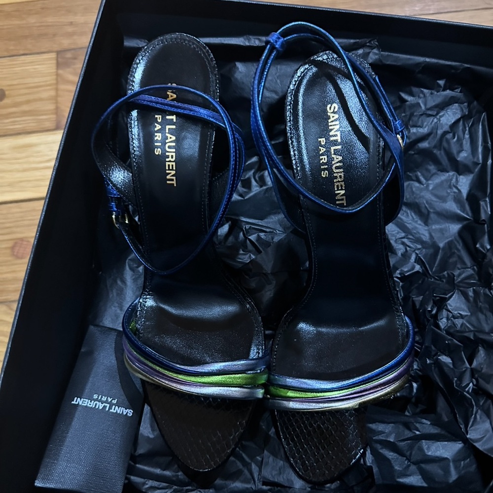 Saint Laurent Black and Blue Strappy Heels